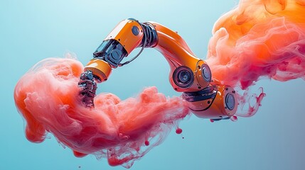 Robotic arm with swirling ink cloud in background representing creative automation, AI blending, and innovation
