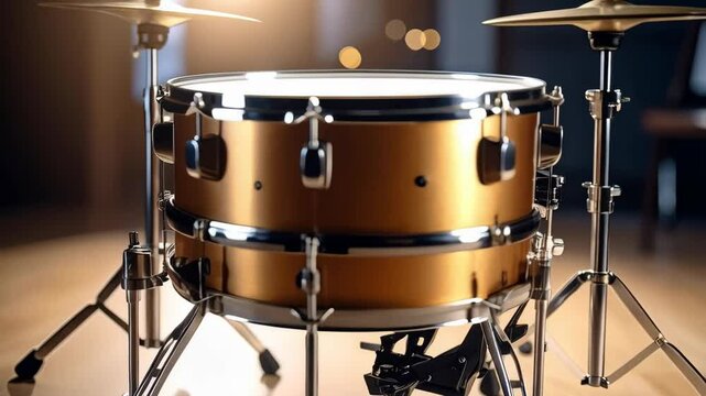 Acoustic drum kit featuring golden finish snare drum and cymbals in a musical setup for studio recording and live performance.