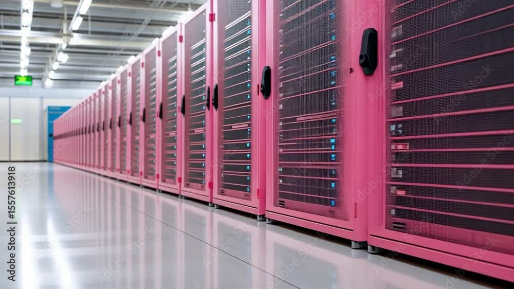 Poster pink servers: a row of advanced pink servers, meticulously arranged in a cutting-edge data center. t