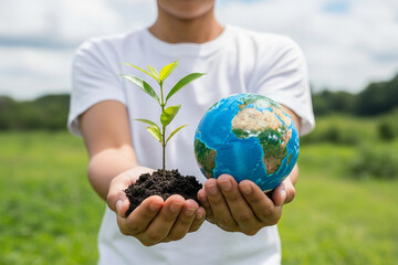 A symbolic photo of a person holding a young plant and Earth model, promoting environmental awareness and sustainability. 