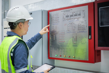 Worker wearing safety helmet and vest performs fire protection panel inspection using tablet to...