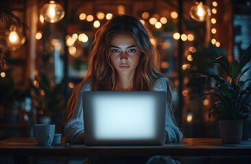 Woman Working on Laptop at Night in Cozy Cafe