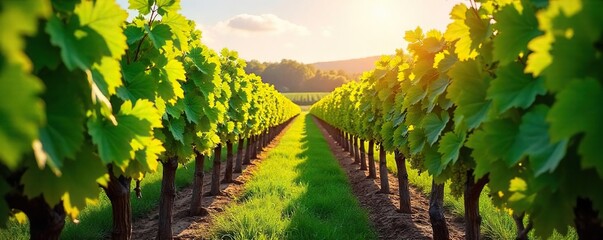 Fototapeta premium Sun-Drenched Vineyard Rows of Lush Grapevines Heavy with Ripe Grapes, a Picturesque Scene of Rural Beauty and Agricultural Abundance, Perfect for Wine Country Imagery