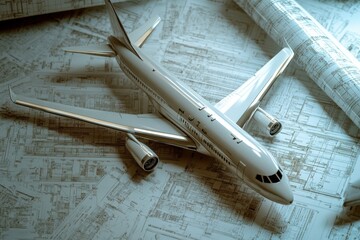 A model airplane resting on a blueprint with rolled blueprints in the background on a flat surface