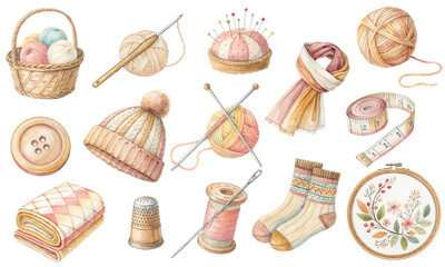 Watercolor Vector Set of Sewing, Knitting, Crochet, and Cozy Handicraft Supplies and Accessories