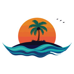 Obraz premium Stylized tropical island with palm tree and ocean waves at sunset
