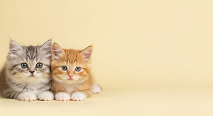 Obraz premium Two Cute Kittens Lying Together on Yellow. Adorable orange and gray kittens cuddling on soft yellow background with copy space. 