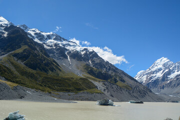 Majestic Mountain Landscape with Glacial Lake and Icebergs