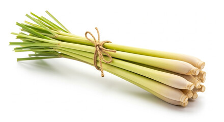 Fresh organic lemongrass tied with twine on white.
Bundle of fresh lemongrass stalks tied with rustic twine, isolated on white background, herb concept.
