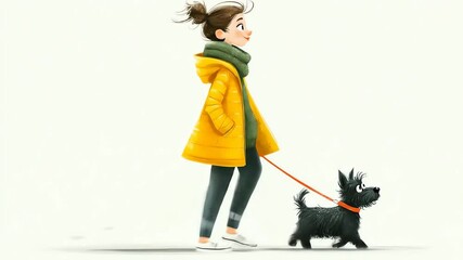 A young woman walks her black dog on a leash wearing a yellow coat and green scarf