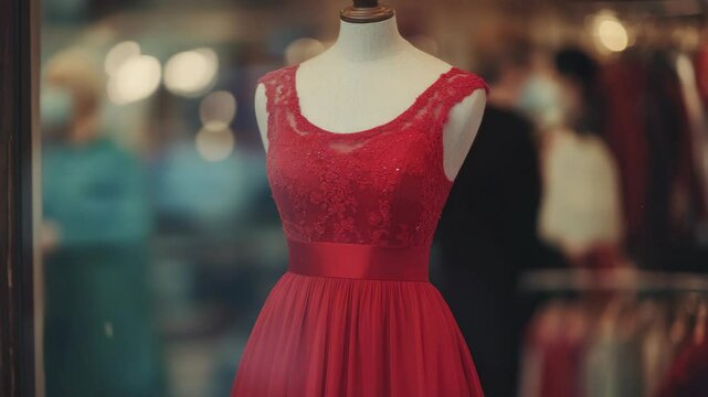 Displays red prom dress with elegant v-neck design, sleeveless and paired with a matching red belt. Showcased in a formal retail setting.