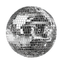 Retro style silver disco ball with detailed reflections on transparent background

