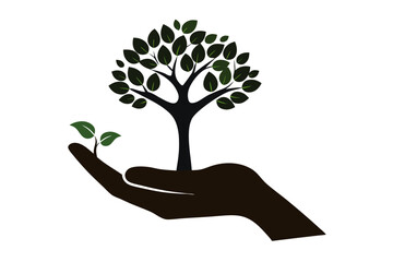 Tree growing from a human hand symbolizing care and environmental responsibility. Green leaves represent life, growth, and balance with nature. Ideal for sustainability, ecology, and eco-friendly