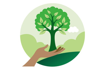 Tree growing from a human hand representing care and sustainability. Green nature concept highlights environmental protection and growth. Ideal for ecology, conservation, and sustainable future themes