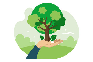 Tree growing from a human hand representing care and sustainability. Green nature concept highlights environmental protection and growth. Ideal for ecology, conservation, and sustainable future themes