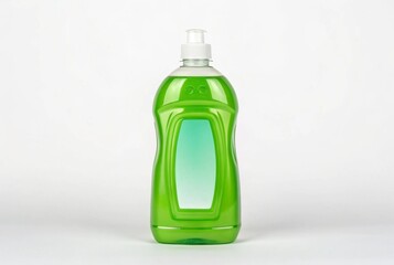 Green plastic bottle of dishwashing liquid soap on white background eco label fresh clean shiny image design bright