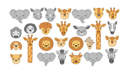 Obraz premium Collection of Cute Cartoon Safari Animal Faces for Childrens Designs