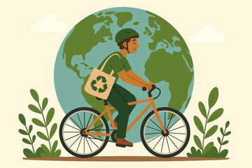 Eco-friendly man riding a bicycle with a recycling bag. Sustainable transportation and green lifestyle concept. Earth Day and World Bicycle Day vector cartoon illustration for ecology.