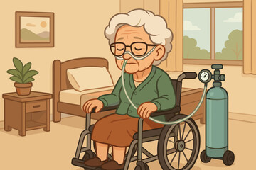 Elderly woman in wheelchair receiving oxygen therapy. Senior patient with nasal cannula in nursing home or hospital. Medical care concept for retired grandmother. Healthcare illustration.