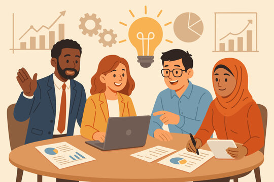Diverse corporate team collaborating in a business meeting. Brainstorming innovative ideas and strategies for project growth. Teamwork and data analysis concept. Vector illustration.