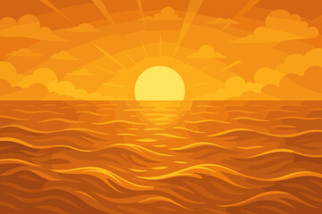 Golden sunset over ocean vector illustration. Seascape with sun, waves and clouds. Summer vacation travel background. Calm beautiful nature landscape cartoon flat design concept.