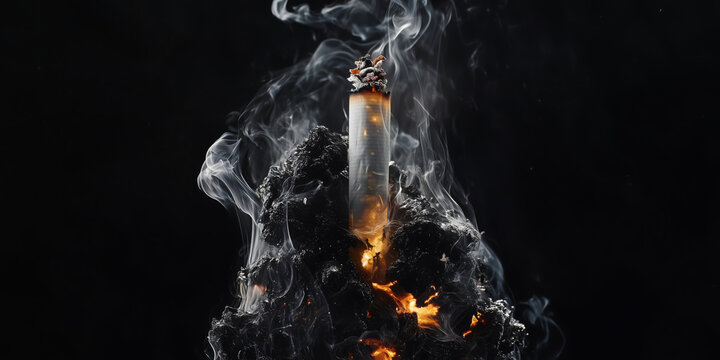 Glowing cigarette rests atop mound of dark ash, surrounded by swirling smoke and flickering embers, creating dramatic and intense atmosphere