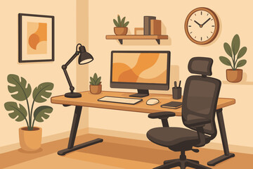 Modern home office workspace with ergonomic chair, desk, computer monitor, keyboard, lamp, indoor plants, wall clock, minimalist decor, cozy productivity, remote work, vector illustration