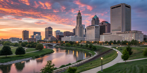 Obraz premium The columbus city skyline glows at sunrise, with a river reflecting the colorful sky and illuminating the modern architecture along its banks