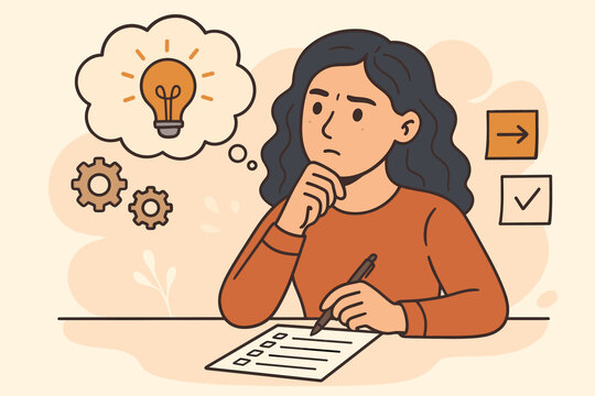 Thoughtful woman brainstorming creative ideas, solving problems, organizing tasks, making to-do list, planning productivity, decision making, innovation, gears, lightbulb concept vector illustration