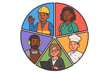 Diverse workforce occupations pie chart. Cartoon vector illustration of professional careers. Construction worker, doctor, chef, office worker, craftsman. Employment diversity concept.