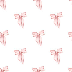 Pink dreams. Watercolor hand-drawn seamless pattern with pink bows. Fairytale print for baby girl.