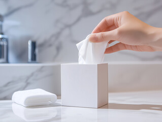 Hand gracefully retrieves white tissue from minimalist box, set against sleek marble background, evoking sense of cleanliness and simplicity