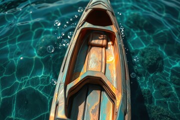 Obraz premium Empty wooden kayak floating on clear turquoise water with sunlight reflections and air bubbles, creating a dreamy and artistic outdoor adventure concept for nature and travel photography