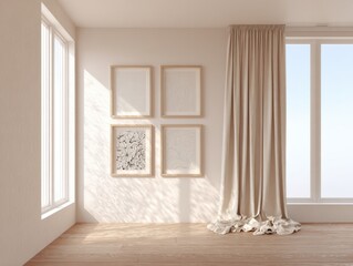 A room with a white wall and tan curtains. There are four pictures on the wall. The curtains are white and are hanging from the window