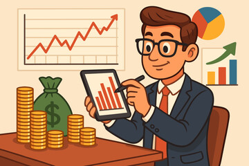 Financial analyst businessman examining investment growth, profit charts, bar graphs, money stacks, dollar bag, digital tablet, upward trend, business success, cartoon vector illustration
