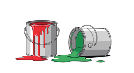 Vibrant paint cans overflowing with spilled red and green colors creating a colorful artistic mess