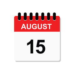 15 August, calendar icon. Calendar design vector template. Independence day of India 15 august. Vector illustration. 