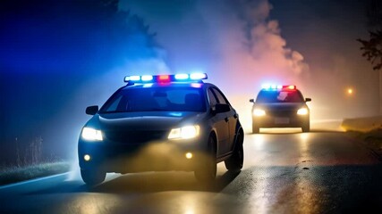 Two police cars with emergency lights racing on a road at night with dramatic smoky ambiance and bright head lights, law enforcement scene