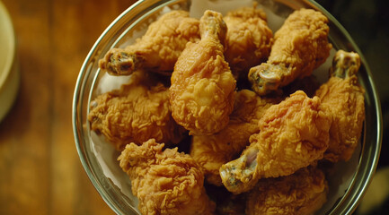 Crispy fried chicken drumsticks arranged in bowl, showcasing golden brown texture and delicious appearance, perfect for sharing