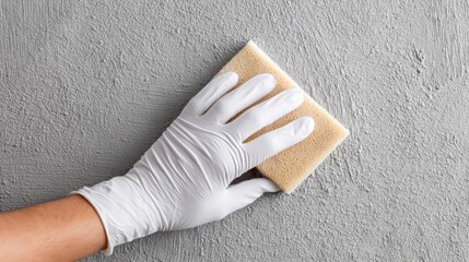 Hand in white glove dabbing decorative paint on wall using sponge technique, artistic texture effect