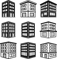 Collection of Nine Simple Black and White Building Icons: Modern, Minimalist, and Corporate Style for Real Estate, Architecture, and Business Concepts.