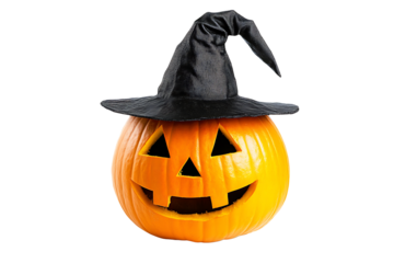Halloween pumpkin with witch hat jack o lantern spooky season autumn fall october celebration trick or treat isolated on transparent background