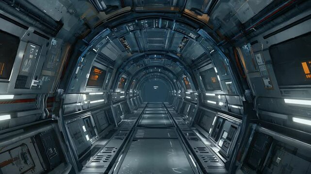 Futuristic spaceship interior tunnel seamless loop with bright lights and metallic textures