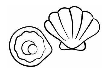 Black and white line art of two seashells scallop conch