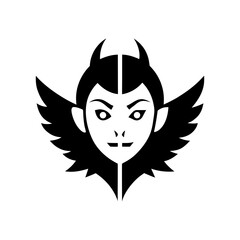 Angel and demon face split symmetrical illustration for fantasy and dark myth designs