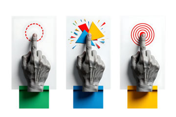 Gray hand pressing buttons with colorful shapes and targets isolated on a transparent background image