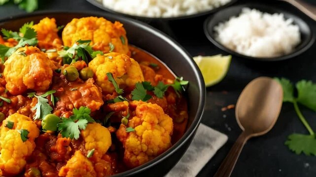 Aloo Gobi in a black bowl with parsley and peas, served alongside rice and lime, showing a delicious Indian dish.