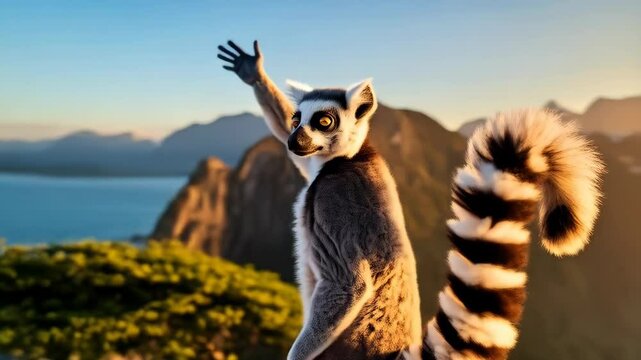 Ring-tailed lemur standing upright and waving in golden sunlight against coastal mountain scene with ocean