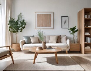 A Scandinavian-style lounge with light oak furniture, neutral tones, clean lines, and minimalist wall art