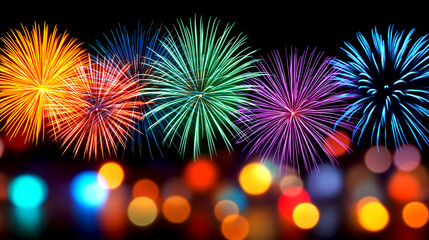 Obraz premium Colorful fireworks display lighting up the night sky, showcasing vibrant bursts of orange, blue, green, purple, and red, creating a festive atmosphere for celebrations and special events